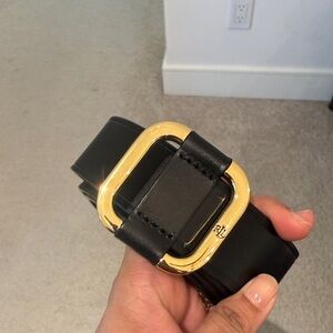 Ralph Lauren Double RL Black Belt with Gold Buckle